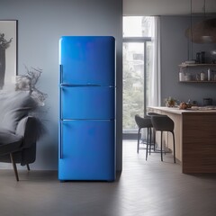  3D rendering modern kitchen interior with a fridgemodern bright kitchen with fridge .