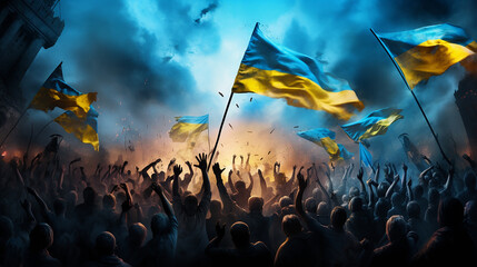 Ukrainians celebrate the victory in the war against the russians. Happy people with the Ukrainian flag. No war.