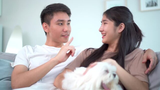 Lovely Asian young couple relaxing together in living room with a pet, Maltese dog, and watching TV. Modern couple lifestyle activities concept.