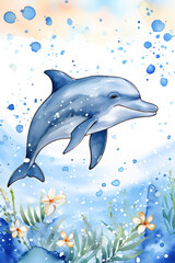 Funny invitation card with watercolor dolphin, for children's parties or other uses. AI generated