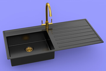 Modern kitchen sink with water tap on violet background