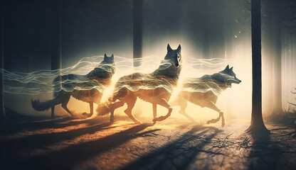 Mysterious spirit wolves from the astral dimension manifesting in their energy form, in the misty forest. Mystical animals in glowing golden light. - obrazy, fototapety, plakaty
