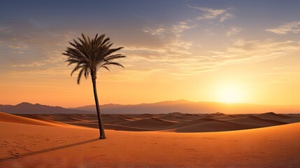 Fototapeta na wymiar a lone palm tree in the desert at sunset with mountains in the background. generative ai