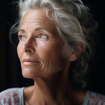 Older woman in foreground with detail texture of face touching her face, white and light beige lights