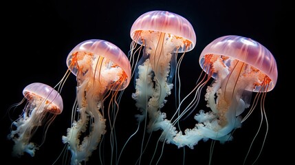  a group of jellyfish swimming in the ocean together on a black background.  generative ai