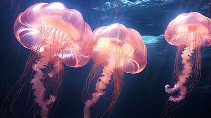  a group of jellyfish floating in a blue sea water.  generative ai