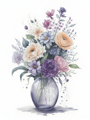 Watercolor bouquet of flowers in a vase on a white background