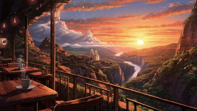Cozy Lofi Cafe Valley Overlook w/ Steaming Coffee, Moving River, Mountains, & Historic Cathedral. Looping. Animated Background / Wallpaper. VJ / Vtuber / Streamer Backdrop. Seamless Loop.