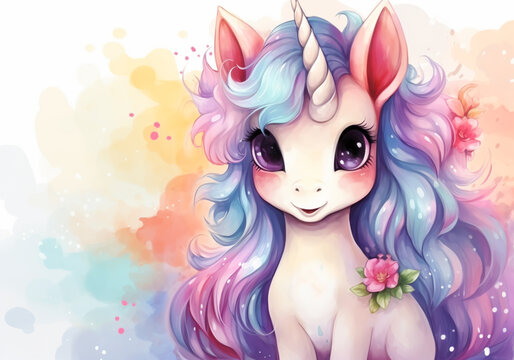 Funny invitation card with watercolor unicorn, for children's parties or other uses. AI generated