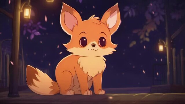 Cute Cozy Cartoon Anime Fox Nodding Head on a Winter Night w/ Snowflakes, Stars, and Lanterns in a Train Station. Looping. Animated Background. VJ / Vtuber / Streamer Backdrop. Seamless Loop.