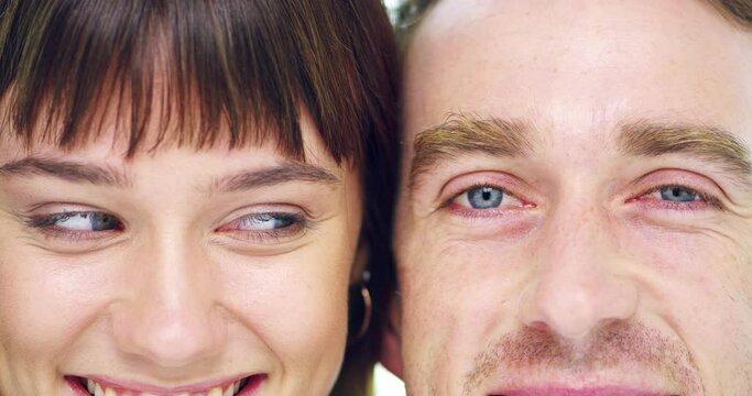 Woman, man and closeup with face together for comic joke, smile and funny with looking in studio. Girl, person and happy with eyes for bonding, care and laughing with zoom, love and game with eyebrow