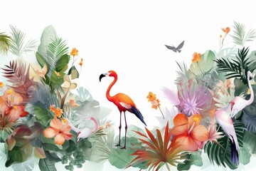 Obraz na płótnie Canvas Palm trees, flamingos, flowers, plants, butterflies on white background. Generative AI