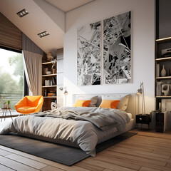 Comfortable and cozy bedroom, very modern and with natural lighting, Generative AI
