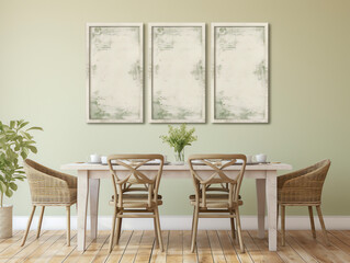 Distressed Farm Table, Wicker Chairs on Reclaimed Wood Floor, Lime Wash Wall. Shabby Chic Country-Style Dining Room.