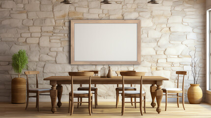 Weathered Oak Table, Spindle Chairs on Flagstone Floor, Mock Up Poster on Stucco Wall. Rustic Country-Style Dining Room.