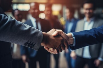 Close-up of businessman handshake with partner to celebration partnership and business deal concept. - obrazy, fototapety, plakaty