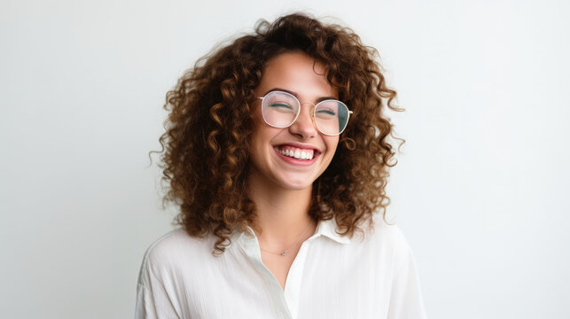In this engaging portrait, a cheerful and satisfied woman with glasses exudes confidence against a pristine white background. Her happiness is palpable in her bright smile.