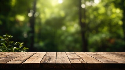 Empty wood table with blur green nature In the forest background.