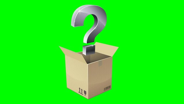 Animation of a cardboard box jumping and releasing a metallic question mark on a green background, with shadow and transparency and alpha channel