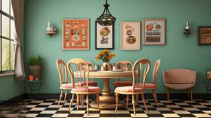 Painted Pedestal Table, Mixed Chairs on Checkerboard Linoleum Floor, Wallpapered Wall. Eclectic Country-Style Dining Room.