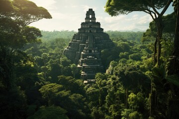 Aztec ruins, Olmec ruins, Toltec ruins. Vast tropical rain forest. Lush jungle. Blue sky. Fantasy forest. Stone pyramid ruins in the forest - obrazy, fototapety, plakaty
