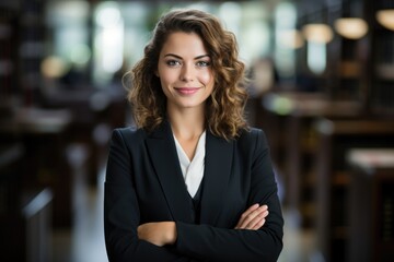 Professional female lawyer standing with arms crossed in the office.