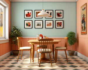 Fototapeta premium Painted Pedestal Table, Mixed Chairs on Checkerboard Linoleum Floor, Wallpapered Wall. Eclectic Country-Style Dining Room.