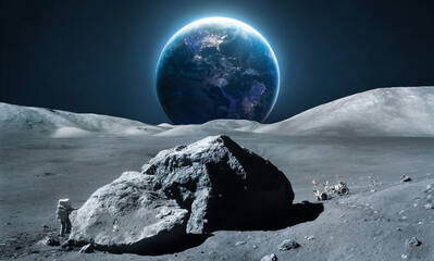 Moon and Earth. Astroanuts on Moon surface in deep black space. Moonwalk. Earth at night. Elements of this image furnished by NASA
