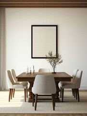 Dark Walnut Table, Upholstered Parsons Chairs on Quarry Tile Floor, Mock Up Poster on Board and Batten Wall. Elegant Country-Style Dining Room.