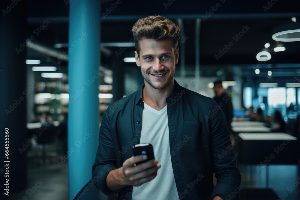 Wall mural Business man reading a message on a mobile phone in an office