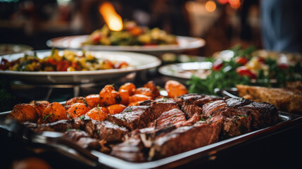 This appetizing image features a plate of perfectly grilled meat, elegantly displayed on a wedding or restaurant buffet, promising a delightful culinary experience for attendees.