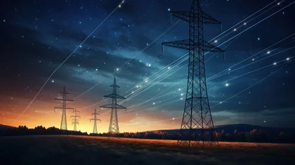Fotobehang Electricity transmission towers with orange glowing wires the starry night sky. Energy infrastructure concept, energy, electricity, voltage, supply, pylon, technology © pinkrabbit