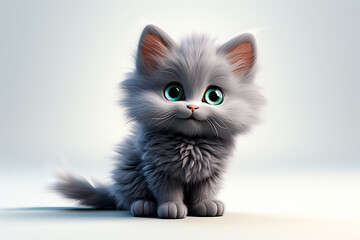 Fototapeta premium Russian Blue cat on a white background. Adorable 3D cartoon animal portrait.