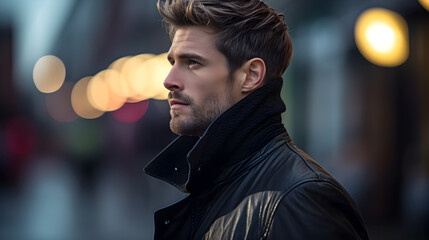 Fashion male model side pose wearing black coat