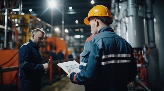 Engineers and factory managers wearing safety helmet inspect the machines in the production. inspector opened the machine to test the system to meet the standard. machine, maintenance