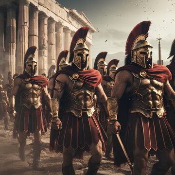 spartans with swords and armor marching on battlefield