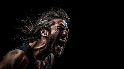 Dark background. Grunge and grain texture. Dust scratches. Man, male, he, masculine.  resentment, indignation, rebellion, uproar concept. long haired man. muscle shirt. neck veins arteries. crying. - obrazy, fototapety, plakaty
