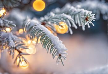 Christmas tree branch сlose-up with snow on a blurred with bokeh and lights background