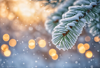 Close-up of Christmas tree green branch with snow on a blurred with bokeh and lights background