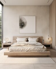 Modern minimalist bedroom in light colors with a bed in the center