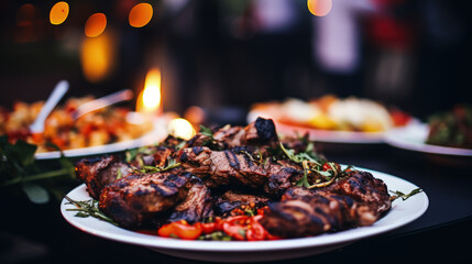 A delectable plate of grilled meat presented at a wedding or restaurant buffet, inviting guests to savor the culinary delights of the occasion. - obrazy, fototapety, plakaty