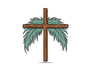 Doodle Palm branch with cross, cartoon sticker, sketch, vector, Illustration, minimalistic