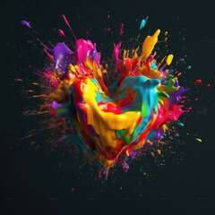 Multicolored paint splatter in the shape of a heart on a black background