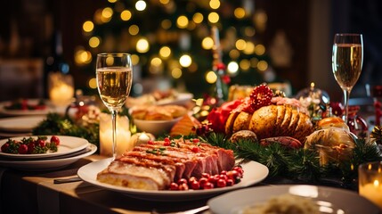Christmas Dinner table full of dishes with food and snacks, New Year's decor with a Christmas tree on the background. - obrazy, fototapety, plakaty
