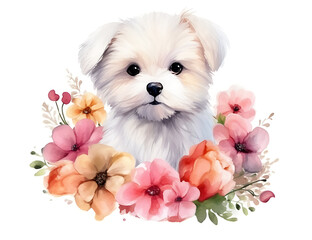 Watercolor cute fluffy dog and flowers with a white background