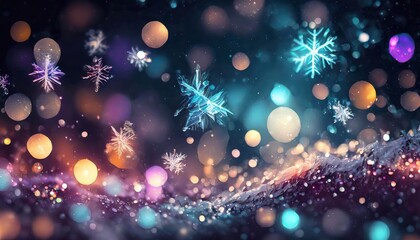 Obraz na płótnie Canvas background with snowflakes, blue sparkles, bokeh, with space for text, Christmas background and card, background screensaver.