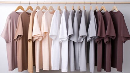 Generative AI, Colorful muted colors t-shirts on hangers, apparel background, print on demand concept, cloth store
