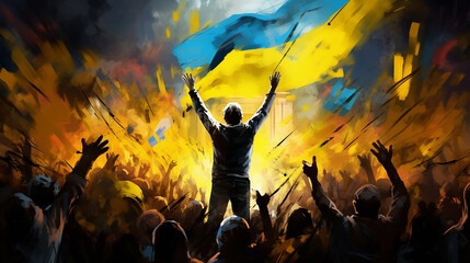 Ukrainians celebrate the victory in the war against the russians. Happy people with the Ukrainian flag