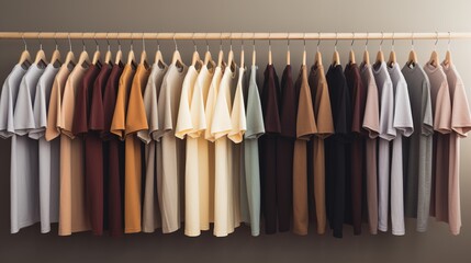 Generative AI, Colorful muted colors t-shirts on hangers, apparel background, print on demand concept, cloth store