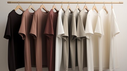 Generative AI, Colorful muted colors t-shirts on hangers, apparel background, print on demand concept, cloth store